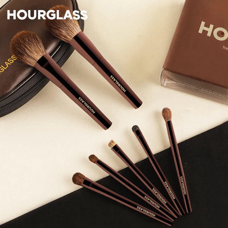 Hourglass Makeup Brush Set Mini Portable 7 Pcs, High Quality Soft Animal Hair Brush Include Eyeshadow,Blush,Powder Brush